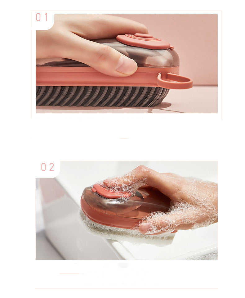 Cleaning tool with bristle and sponge heads being used on a surface and in water.